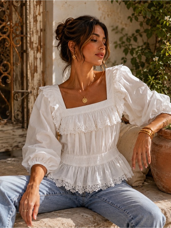 Maeve Tops - Maeve White Lace-Trim Square Neck Blouse